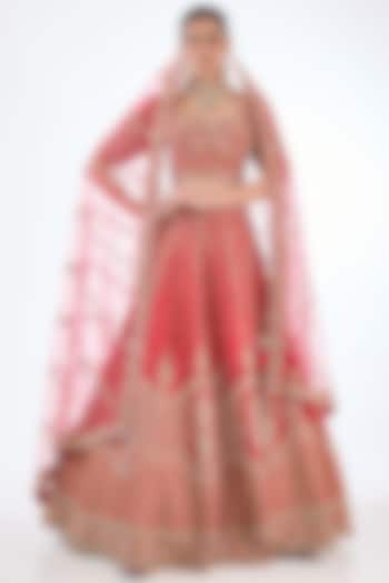 Red Raw Silk Hand & Machine Embroidered Bridal lehenga for 22 Lehenga Set by Kalighata at Pernia's Pop Up Shop