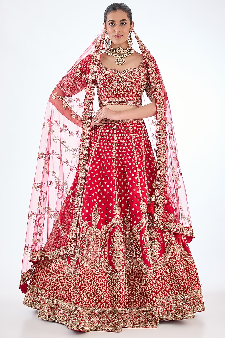 Red Raw Silk Hand & Machine Embroidered Bridal lehenga for 22 Lehenga Set by Kalighata at Pernia's Pop Up Shop