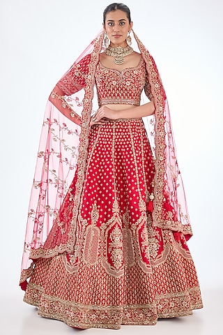 Red Raw Silk Hand & Machine Embroidered Lehenga Set by Kalighata