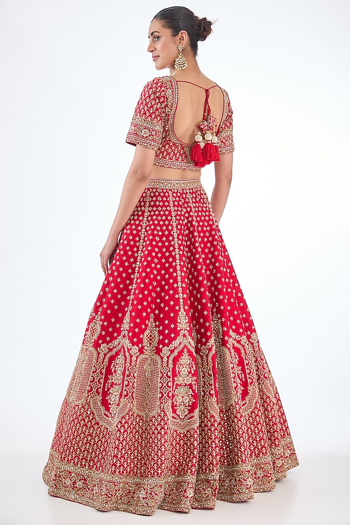 Red Raw Silk Hand & Machine Embroidered Bridal Lehenga Set by Kalighata at Pernia's Pop Up Shop