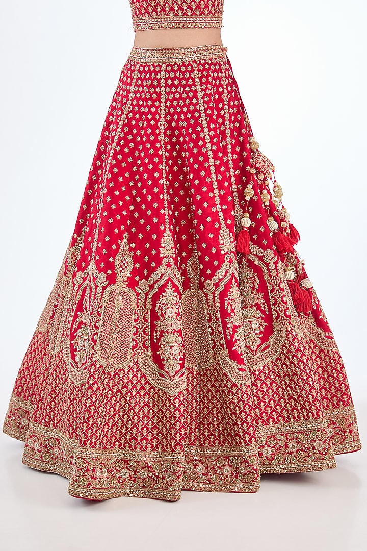 Red Raw Silk Hand & Machine Embroidered Bridal Lehenga Set by Kalighata at Pernia's Pop Up Shop