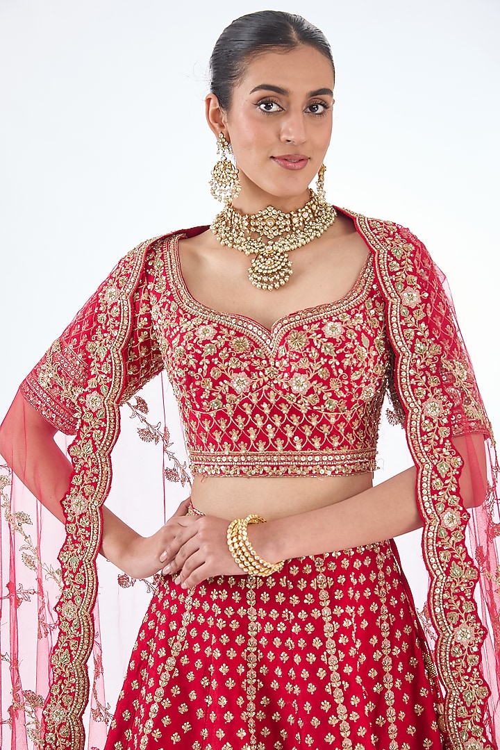 Red Raw Silk Hand & Machine Embroidered Bridal Lehenga Set by Kalighata at Pernia's Pop Up Shop