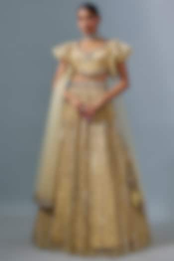 Yellow Organza Hand & Machine Embroidered Wedding Lehenga Set by Kalighata at Pernia's Pop Up Shop