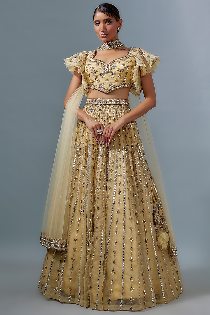 Yellow Organza Hand & Machine Embroidered Wedding Lehenga Set by Kalighata at Pernia's Pop Up Shop