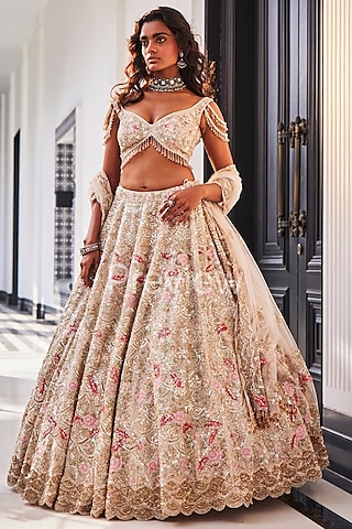 Ivory Organza Hand Embroidered Lehenga Set by Kalighata