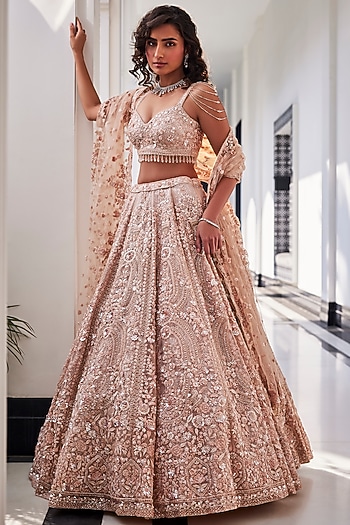 Pink Organza Hand Embroidered Bridal Lehenga Set by Kalighata at Pernia's Pop Up Shop