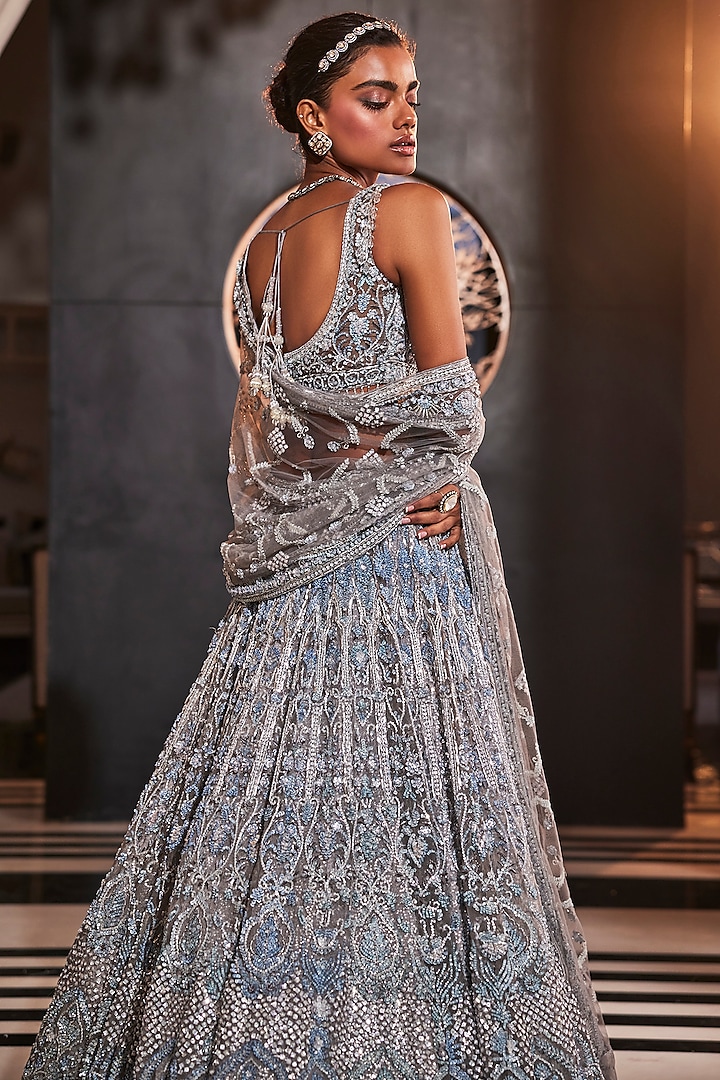 Ice Blue Organza Hand Embroidered Bridal Lehenga Set by Kalighata at Pernia's Pop Up Shop
