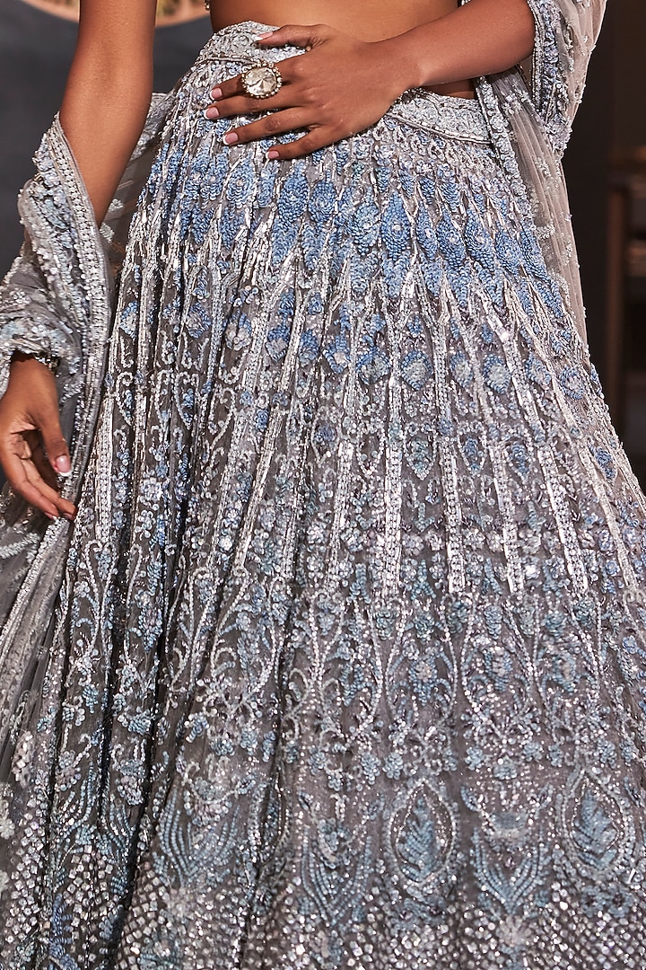 Ice Blue Organza Hand Embroidered Bridal Lehenga Set by Kalighata at Pernia's Pop Up Shop