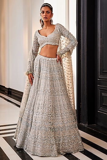 Ice Blue Organza Hand Embroidered Bridal Lehenga Set by Kalighata at Pernia's Pop Up Shop