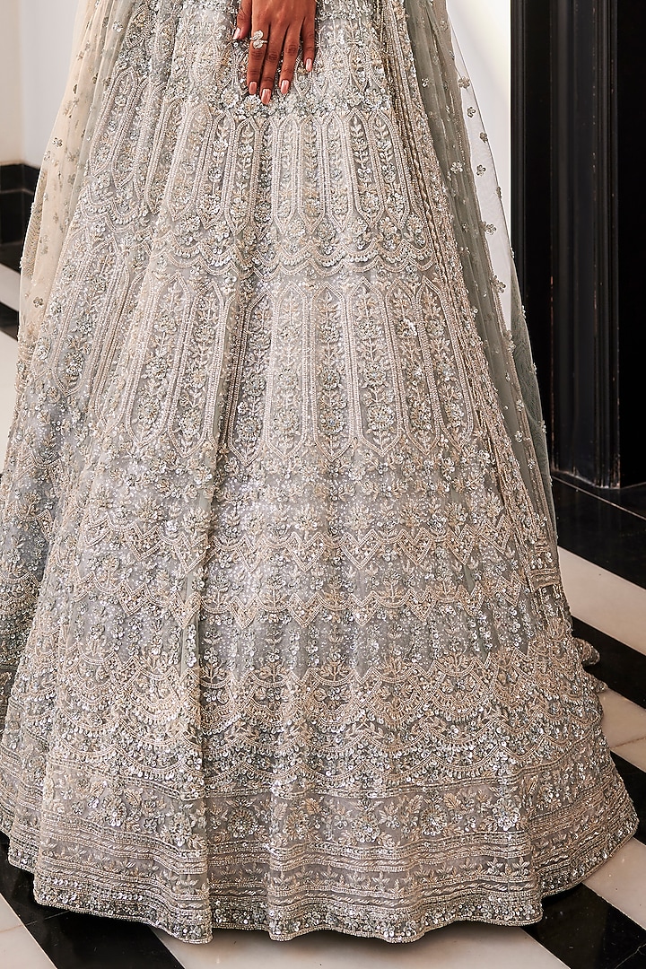 Ice Blue Organza Hand Embroidered Bridal Lehenga Set by Kalighata at Pernia's Pop Up Shop