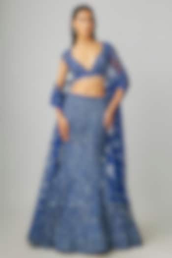 Navy Blue Net Embroidered Bridal Lehenga Set by Kalighata at Pernia's Pop Up Shop