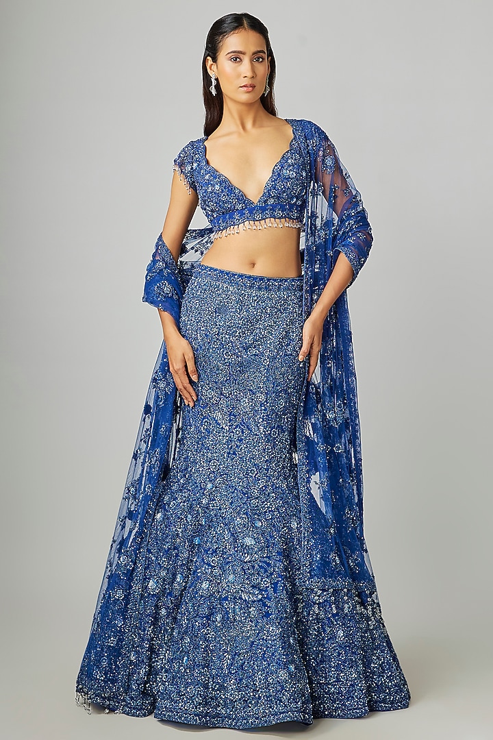 Navy Blue Net Embroidered Bridal Lehenga Set by Kalighata at Pernia's Pop Up Shop