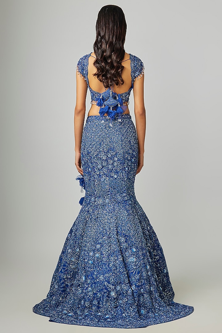 Navy Blue Net Embroidered Bridal Lehenga Set by Kalighata at Pernia's Pop Up Shop