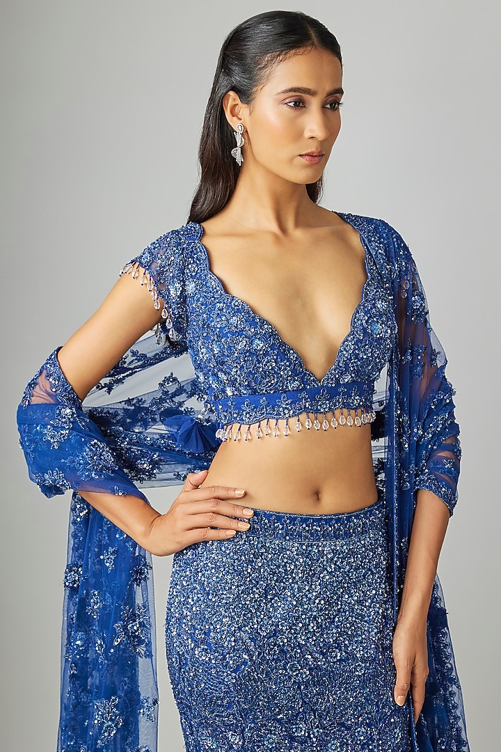 Navy Blue Net Embroidered Bridal Lehenga Set by Kalighata at Pernia's Pop Up Shop