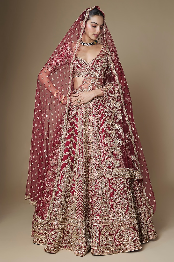 Maroon Raw Silk Bridal Lehenga Set by Kalighata at Pernia's Pop Up Shop