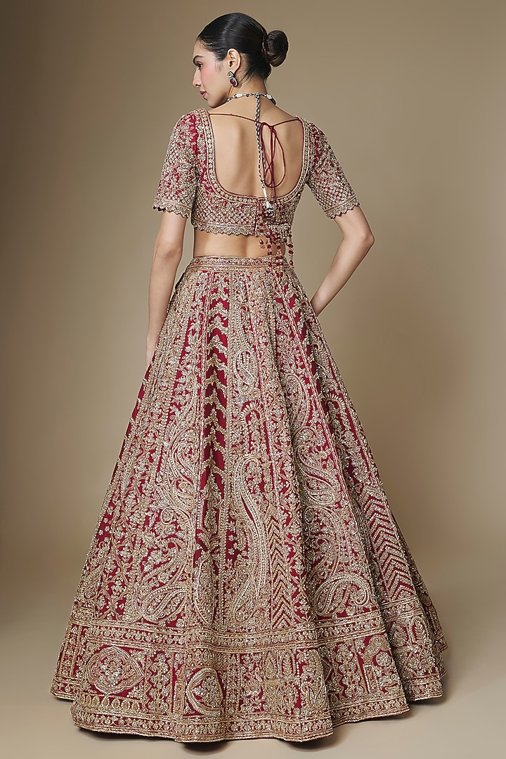 Maroon Raw Silk Bridal Lehenga Set by Kalighata at Pernia's Pop Up Shop