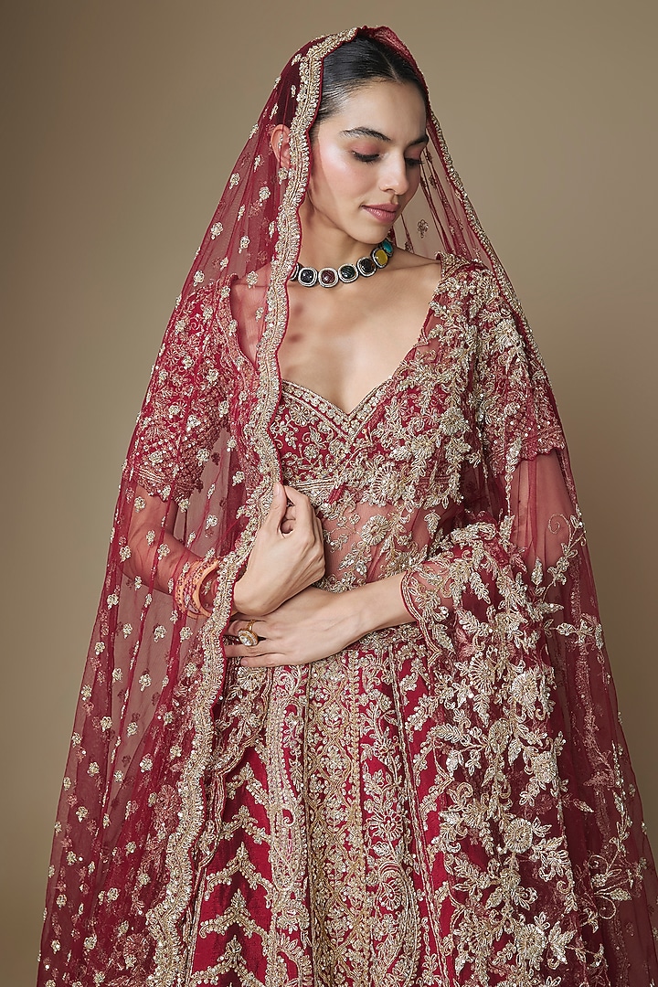 Maroon Raw Silk Bridal Lehenga Set by Kalighata at Pernia's Pop Up Shop