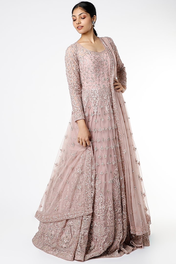 Dusty Peach Floral Hand Embroidered Gown by Kalighata