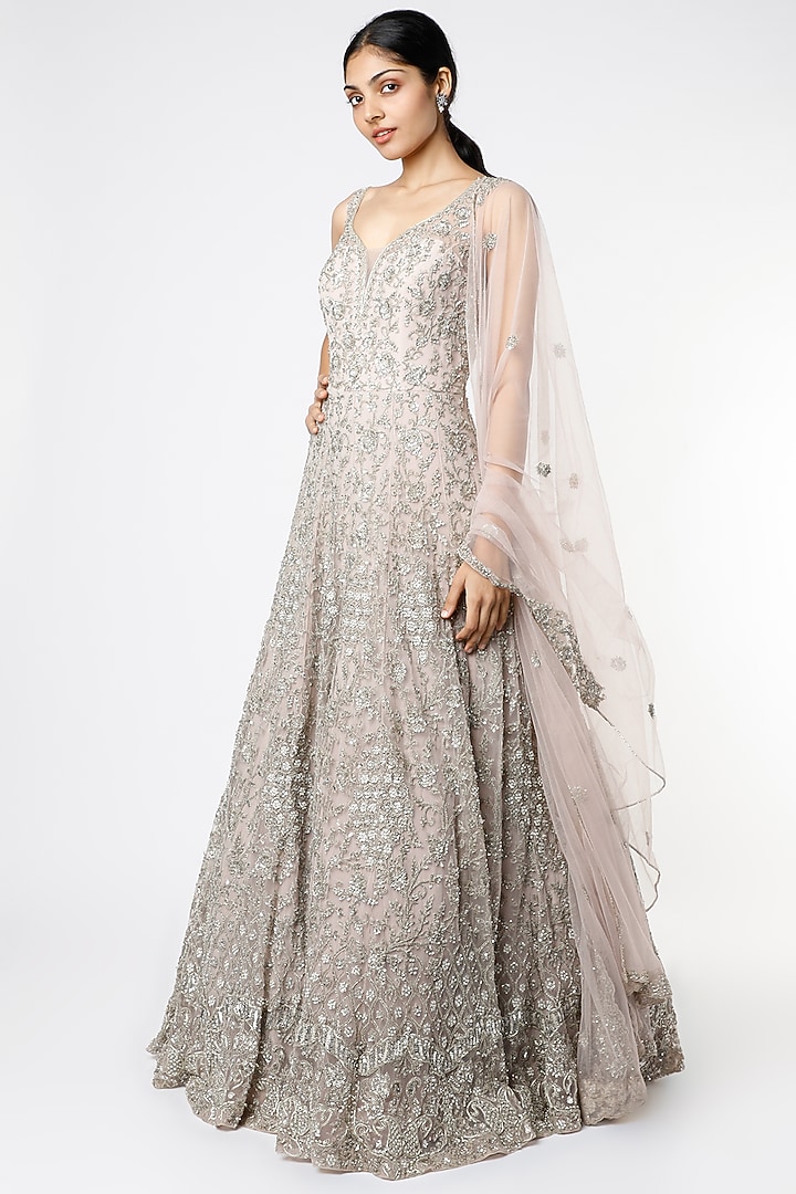 Light Pink Embellished Wedding Gown With Dupatta by Kalighata at Pernia's Pop Up Shop