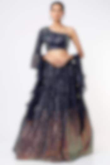 Navy Blue Shaded Embroidered Wedding Lehenga Set by Kalighata at Pernia's Pop Up Shop