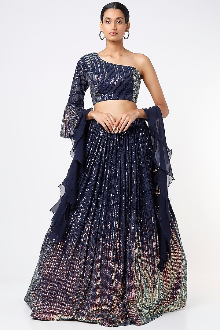 Navy Blue Shaded Embroidered Wedding Lehenga Set by Kalighata at Pernia's Pop Up Shop