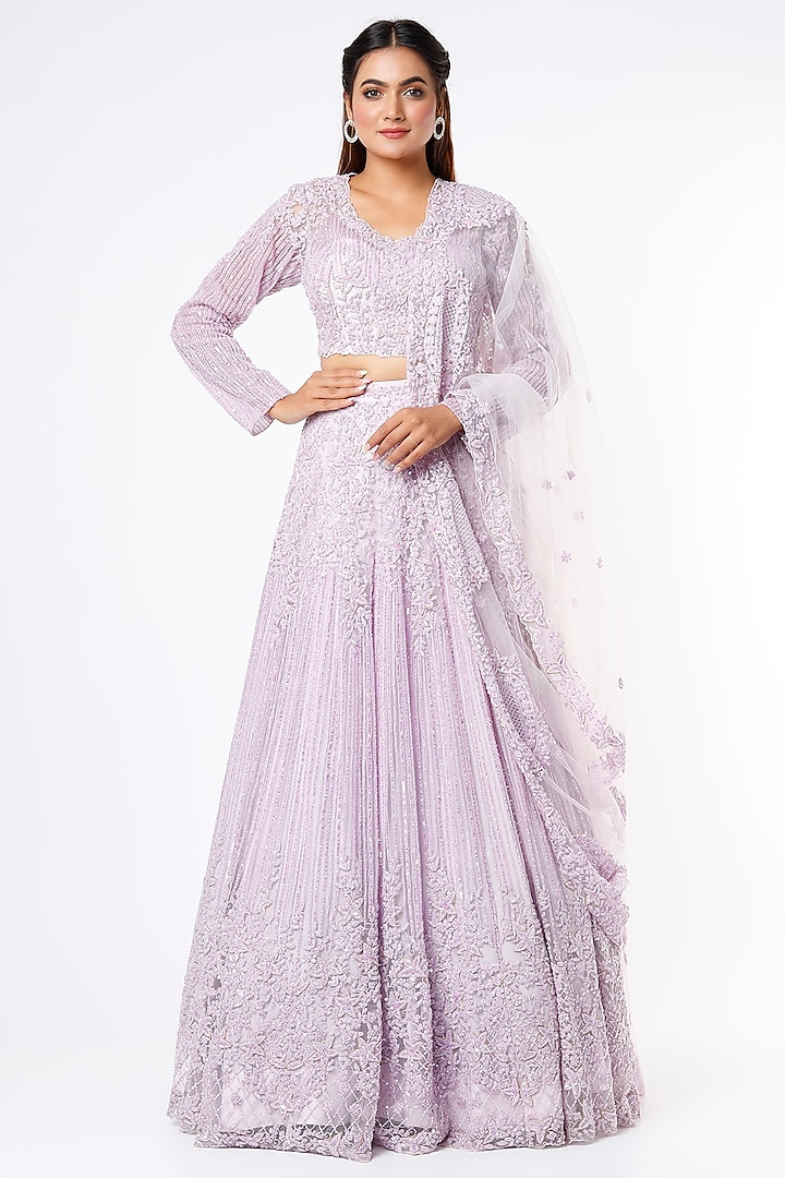 Mauve Net Embellished Wedding Lehenga Set by Kalighata at Pernia's Pop Up Shop