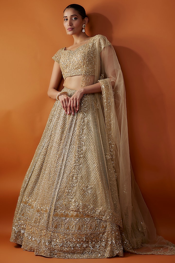 Gold Organza Cutdana & Sequins Hand Embroidered Bridal Lehenga Set by Kalighata at Pernia's Pop Up Shop
