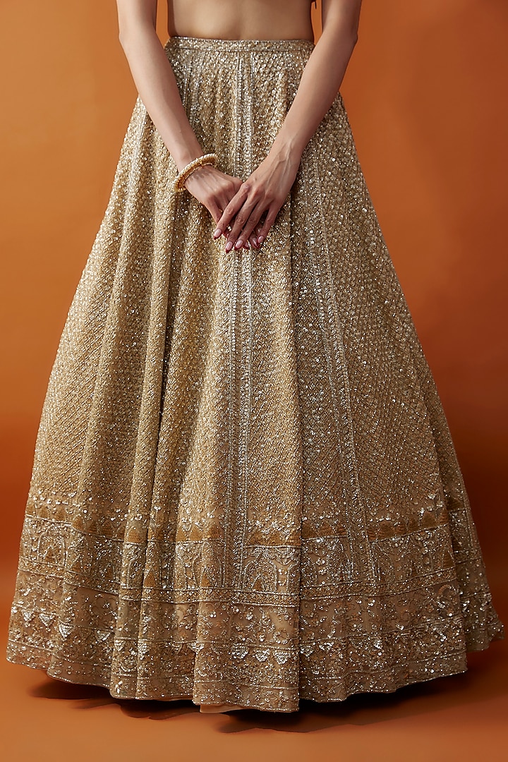 Gold Organza Cutdana & Sequins Hand Embroidered Bridal Lehenga Set by Kalighata at Pernia's Pop Up Shop