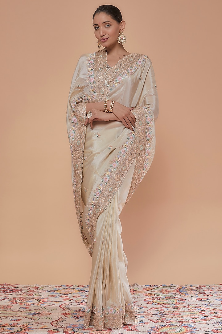 Ivory Pure Organza Hand Embroidered Reception Saree Set by Kalighata at Pernia's Pop Up Shop