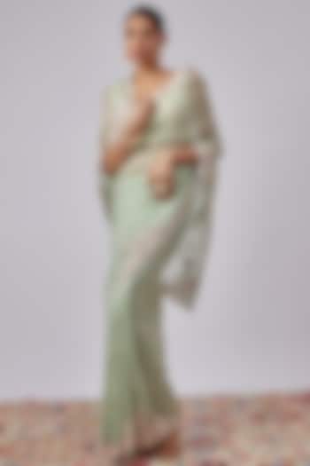Mint Green Organza Hand Embroidered Reception Saree Set by Kalighata at Pernia's Pop Up Shop