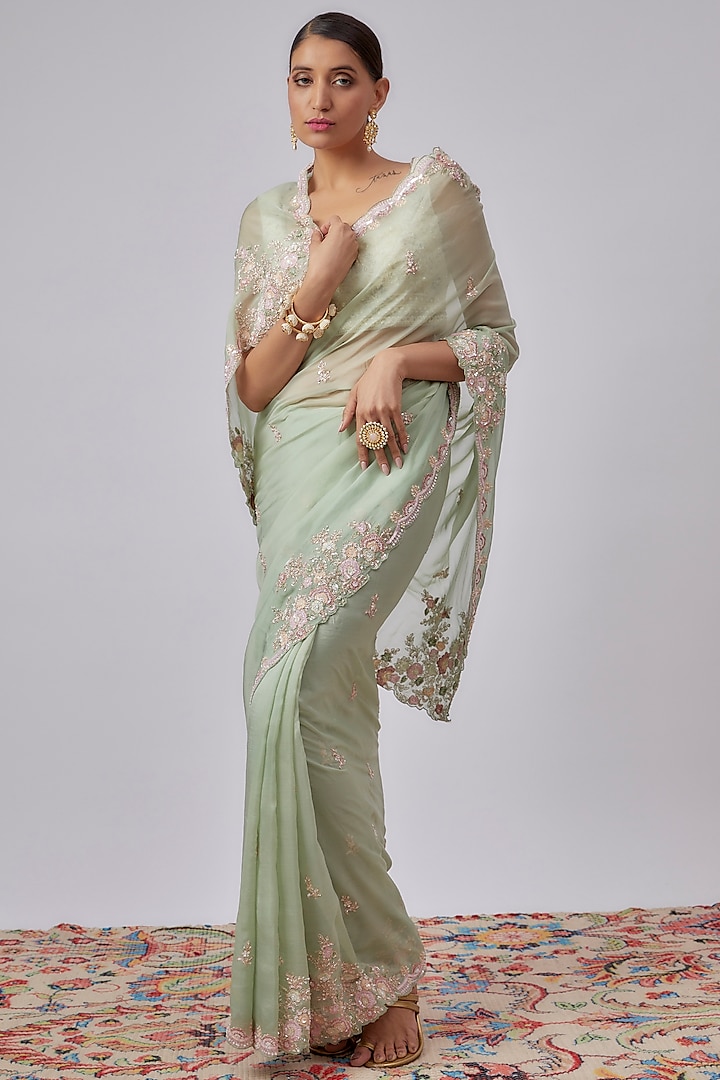 Mint Green Organza Hand Embroidered Reception Saree Set by Kalighata at Pernia's Pop Up Shop