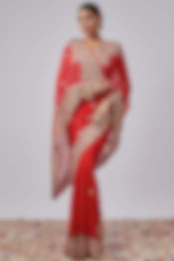 Red Organza Hand Embroidered Reception Saree Set by Kalighata at Pernia's Pop Up Shop