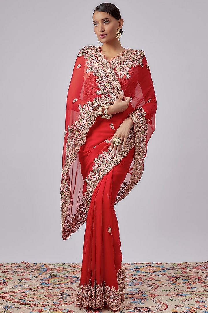 Red Organza Hand Embroidered Reception Saree Set by Kalighata at Pernia's Pop Up Shop