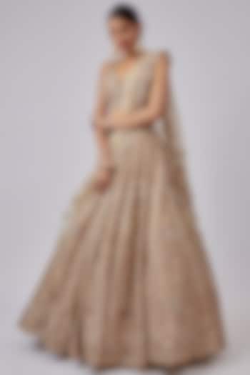Beige Organza Embroidered Bridal Lehenga Set by Kalighata at Pernia's Pop Up Shop