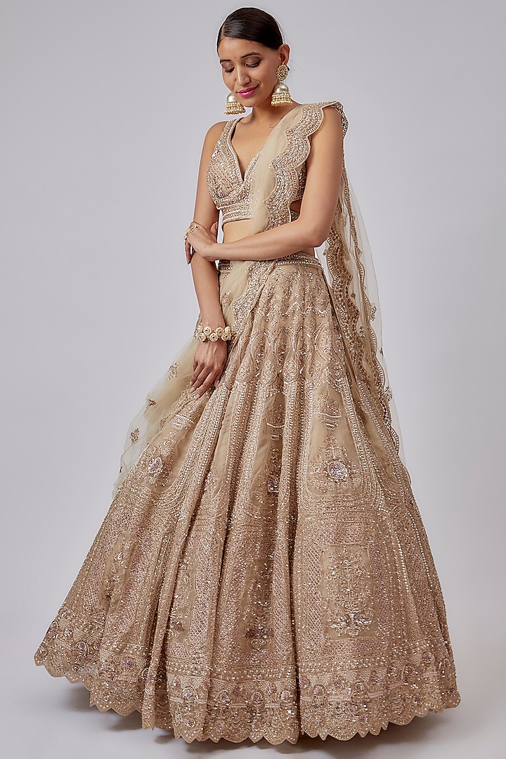 Beige Organza Embroidered Bridal Lehenga Set by Kalighata at Pernia's Pop Up Shop
