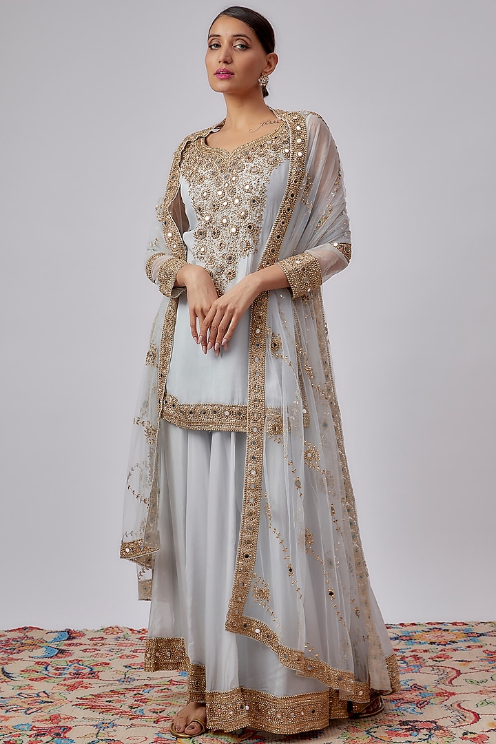 Light Blue Organza Embroidered Wedding Sharara Set by Kalighata at Pernia's Pop Up Shop