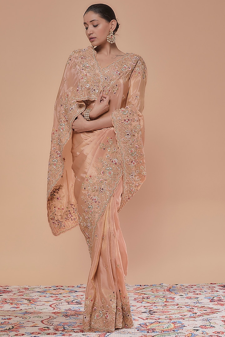 Peach Pure Organza Hand Embroidered Saree Set by Kalighata at Pernia's Pop Up Shop