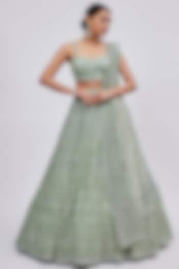 Mint Green Organza Embroidered Bridal Lehenga Set by Kalighata at Pernia's Pop Up Shop