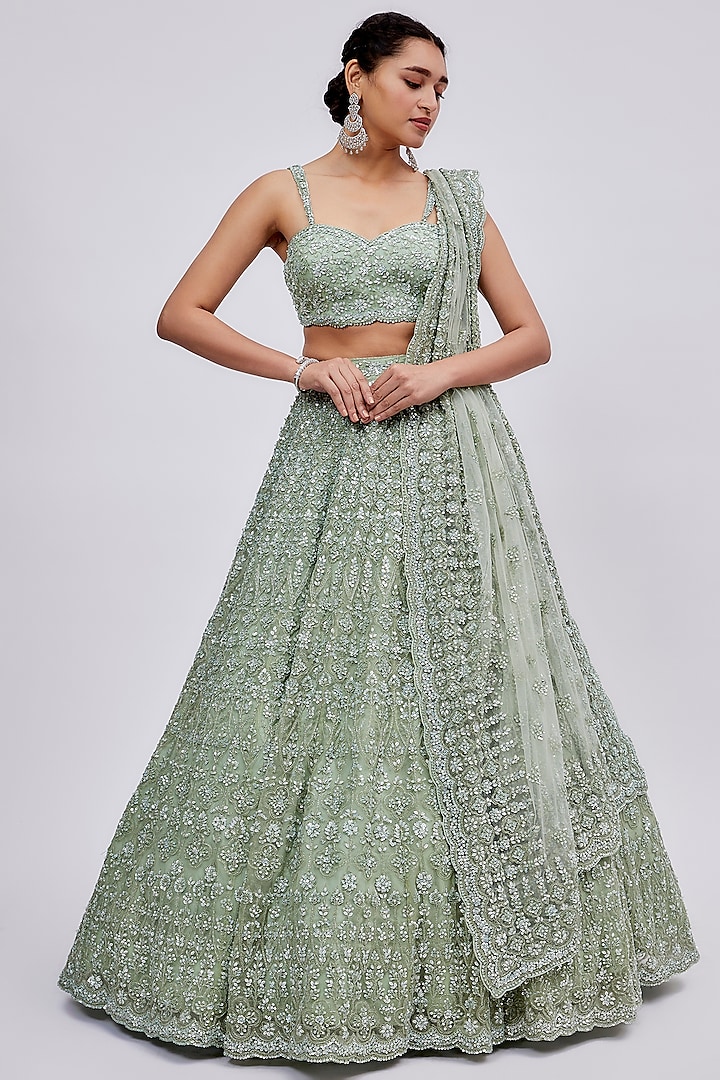 Mint Green Organza Embroidered Bridal Lehenga Set by Kalighata at Pernia's Pop Up Shop