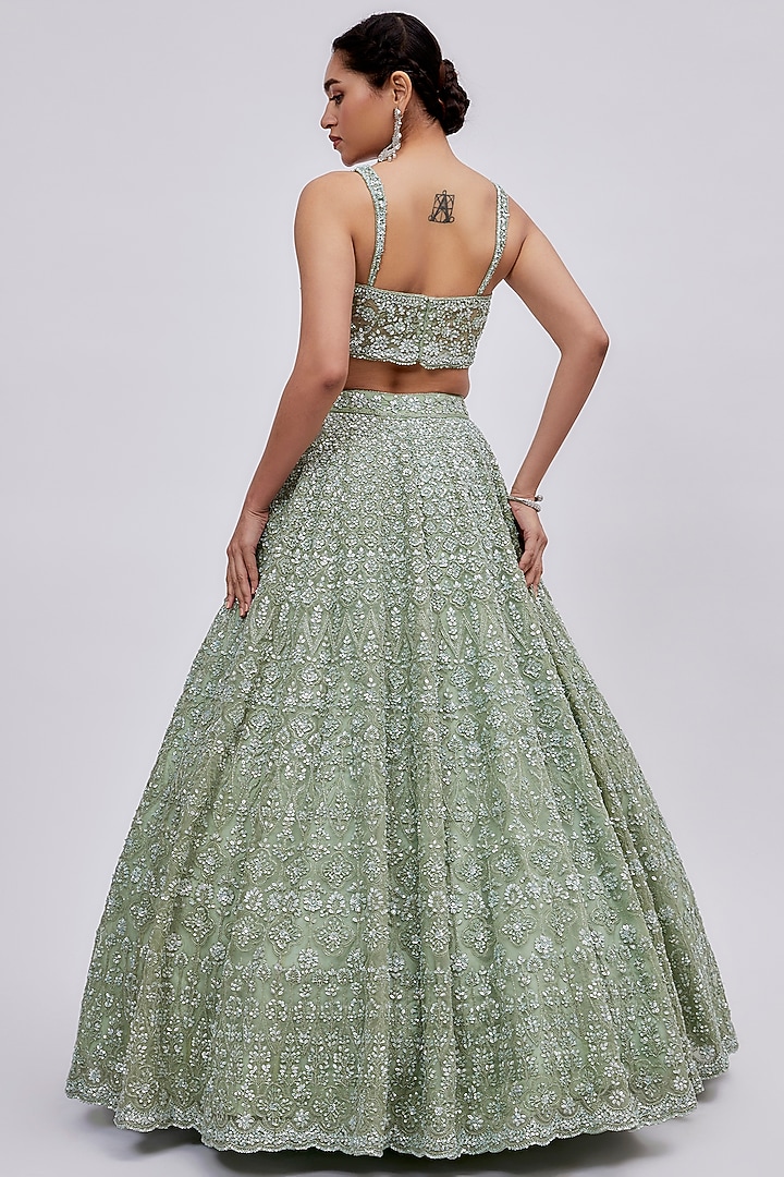 Mint Green Organza Embroidered Bridal Lehenga Set by Kalighata at Pernia's Pop Up Shop