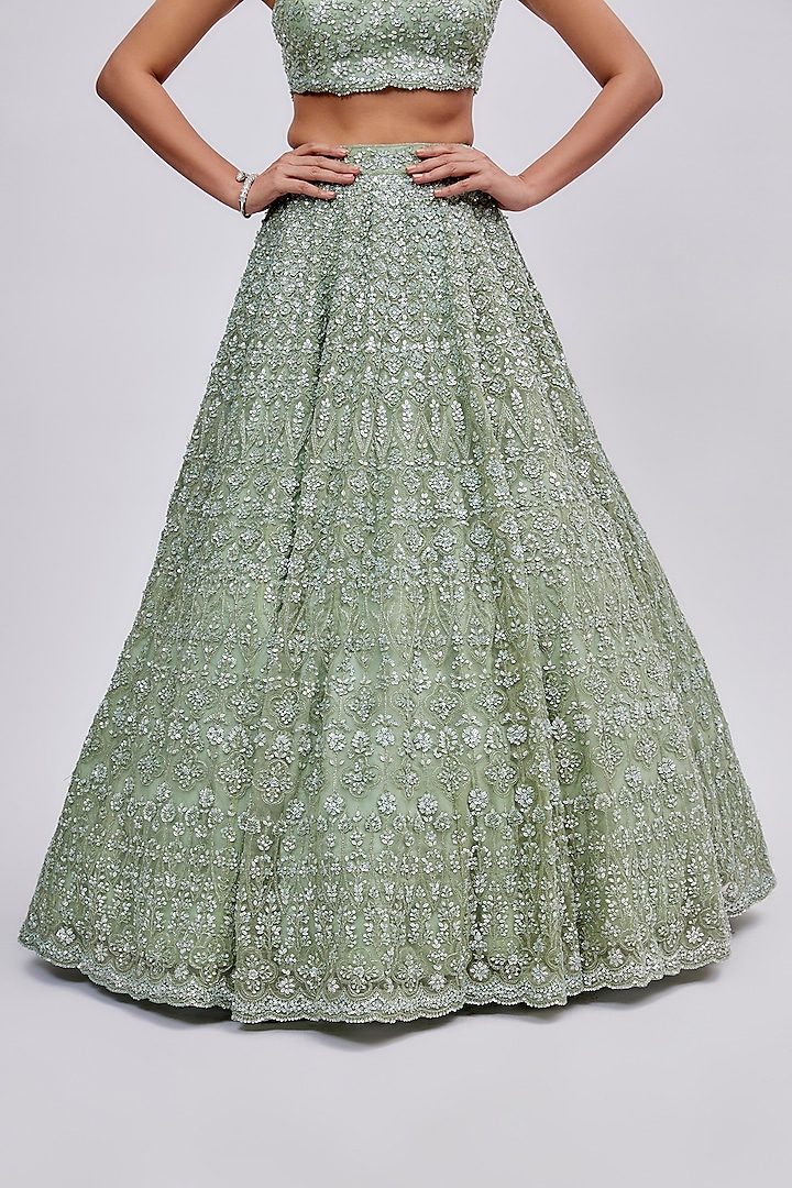 Mint Green Organza Embroidered Bridal Lehenga Set by Kalighata at Pernia's Pop Up Shop