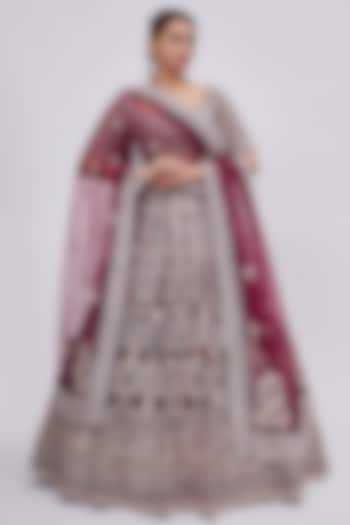 Wine Raw Silk Embroidered Bridal Lehenga Set by Kalighata at Pernia's Pop Up Shop