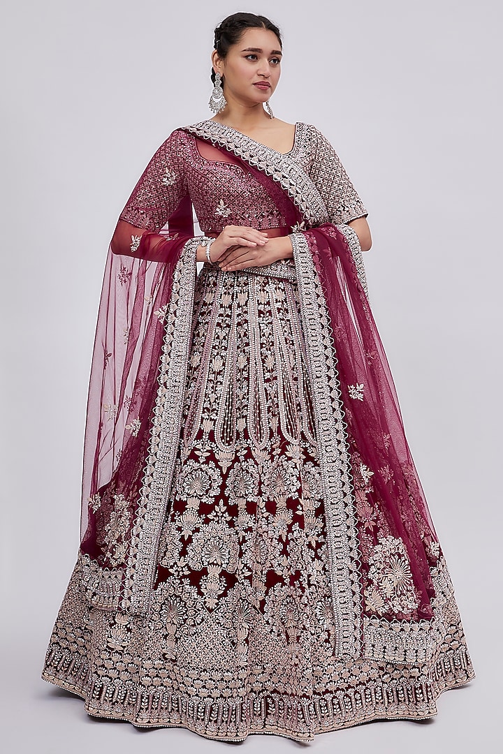 Wine Raw Silk Embroidered Lehenga Set by Kalighata