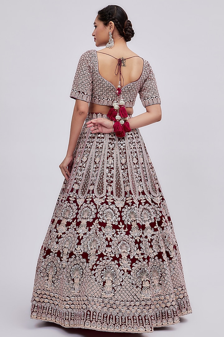 Wine Raw Silk Embroidered Bridal Lehenga Set by Kalighata at Pernia's Pop Up Shop