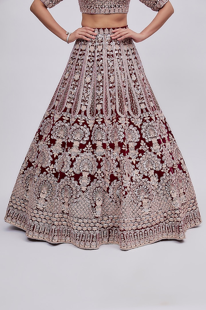 Wine Raw Silk Embroidered Bridal Lehenga Set by Kalighata at Pernia's Pop Up Shop