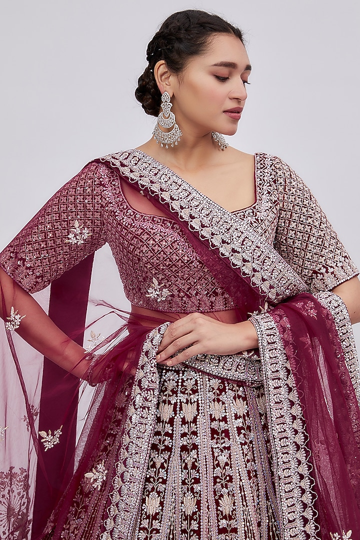 Wine Raw Silk Embroidered Bridal Lehenga Set by Kalighata at Pernia's Pop Up Shop