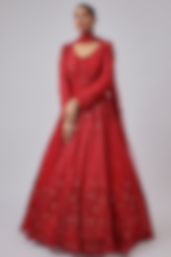 Red Net Embroidered Gown With Dupatta by Kalighata
