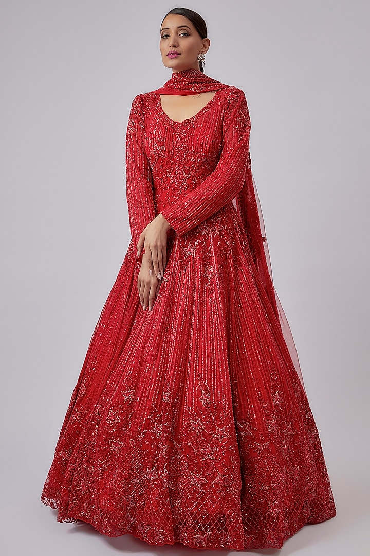 Red Net Embroidered Gown With Dupatta by Kalighata