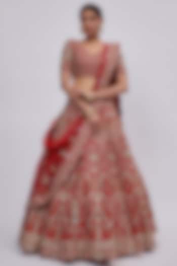 Red Raw Silk Embroidered Bridal Lehenga Set by Kalighata at Pernia's Pop Up Shop