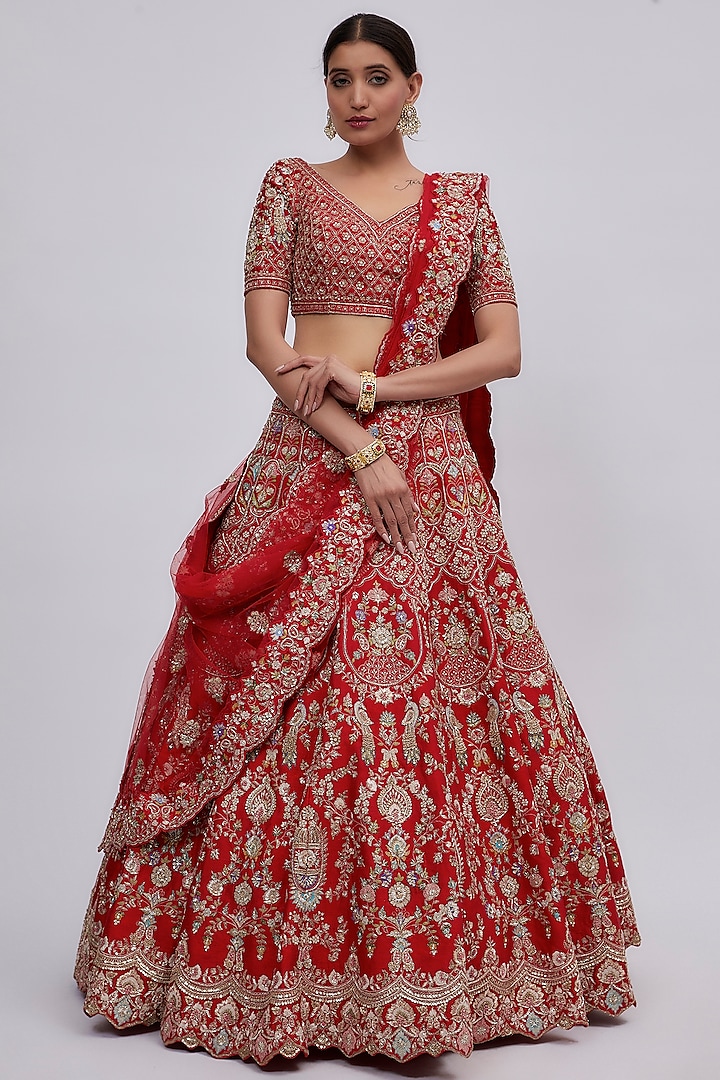 Red Raw Silk Embroidered Lehenga Set Design By Kalighata At Pernias Pop Up Shop 2024 